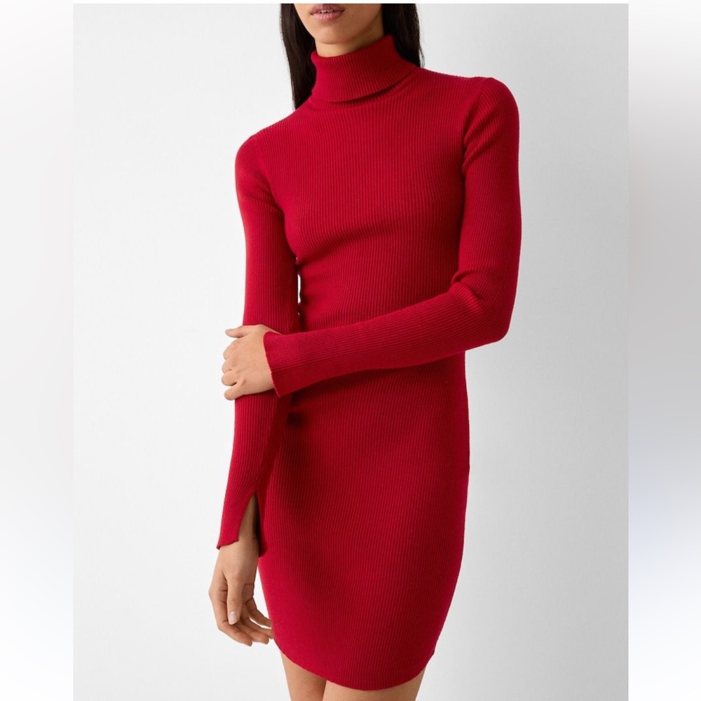 🆕 Knit Sweater Red Turtleneck Long Sleeve Ribbed Mini Dress